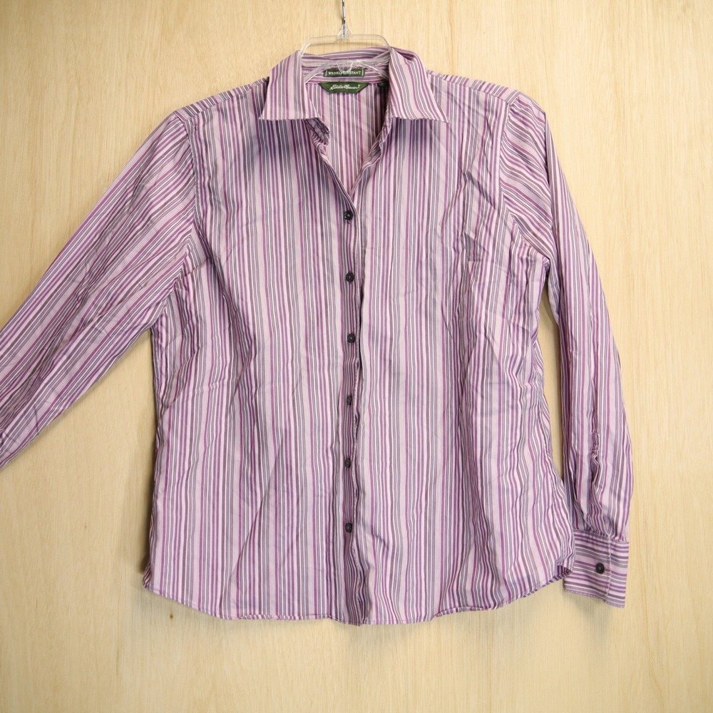 Eddie Bauer Womens Large Purple Striped Button Down Shirt Wrinkle Resistant L